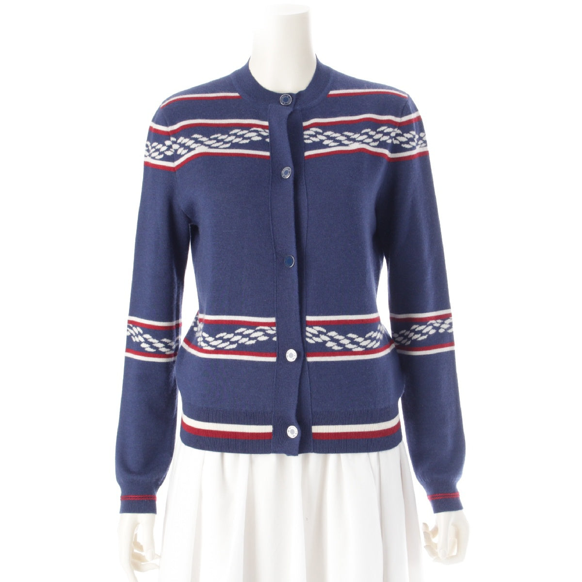 HERMES 23Stainless Steel cashmere silk Canoe Chain Serie Button Anchor Knit cardigan tops 3E2715D4 blue 34