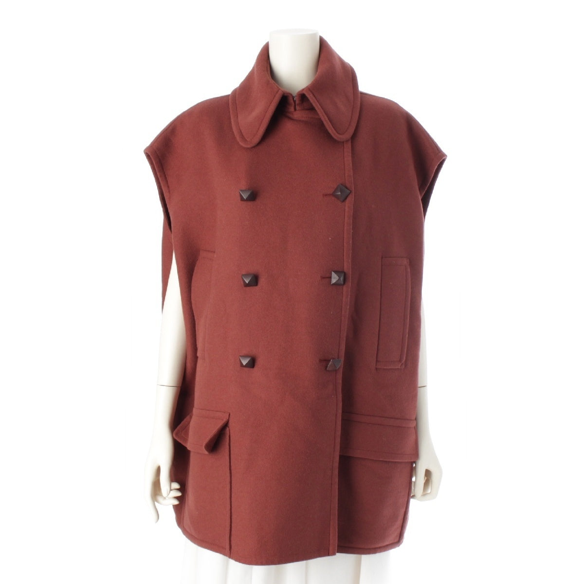 HERMES cashmere Double-faced Medol Button Sleeveless Jacket Gilet Short Coat Outerwear Brown 34