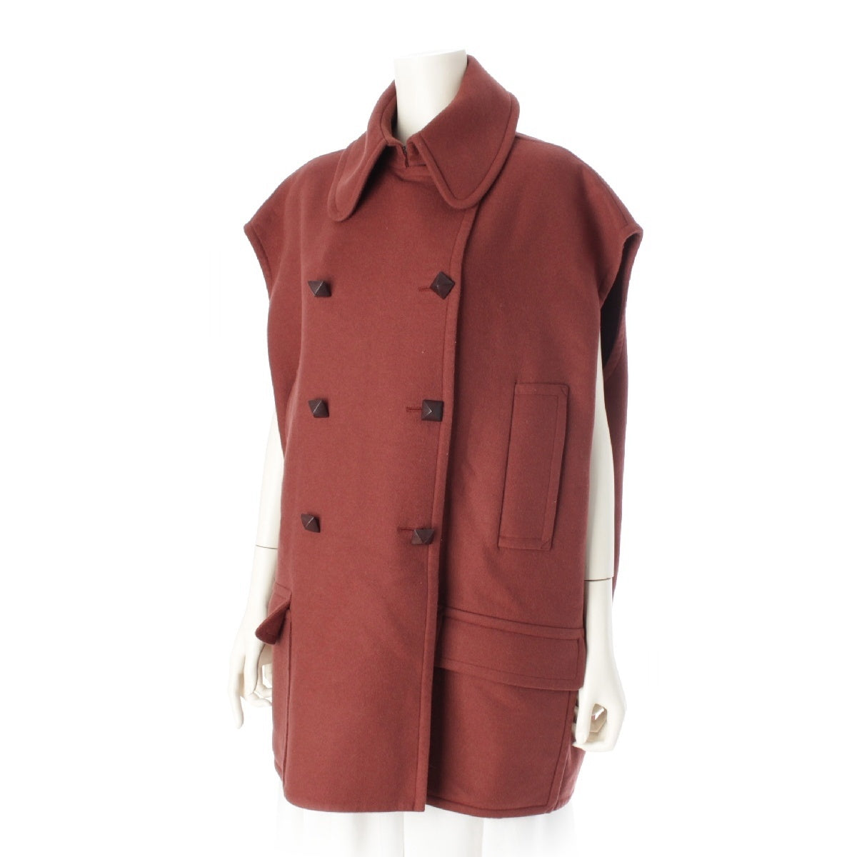 HERMES cashmere Double-faced Medol Button Sleeveless Jacket Gilet Short Coat Outerwear Brown 34