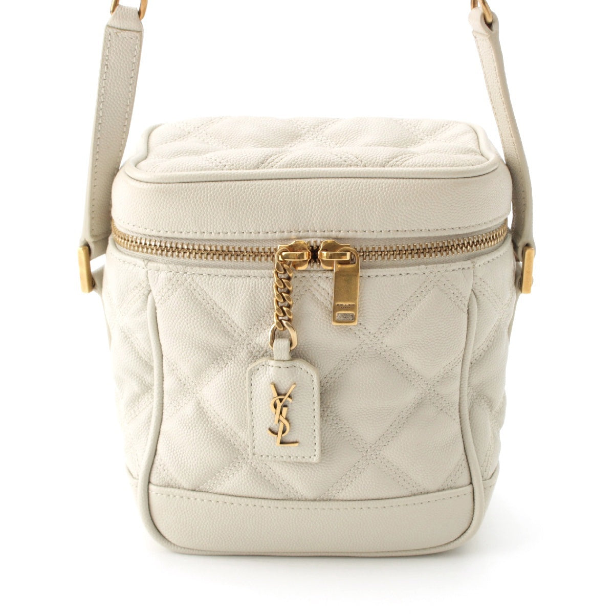 SAINT LAURENT leather YSL Logo Quilted Stitch Vanity Chain Shoulder Bag 649779 White gold