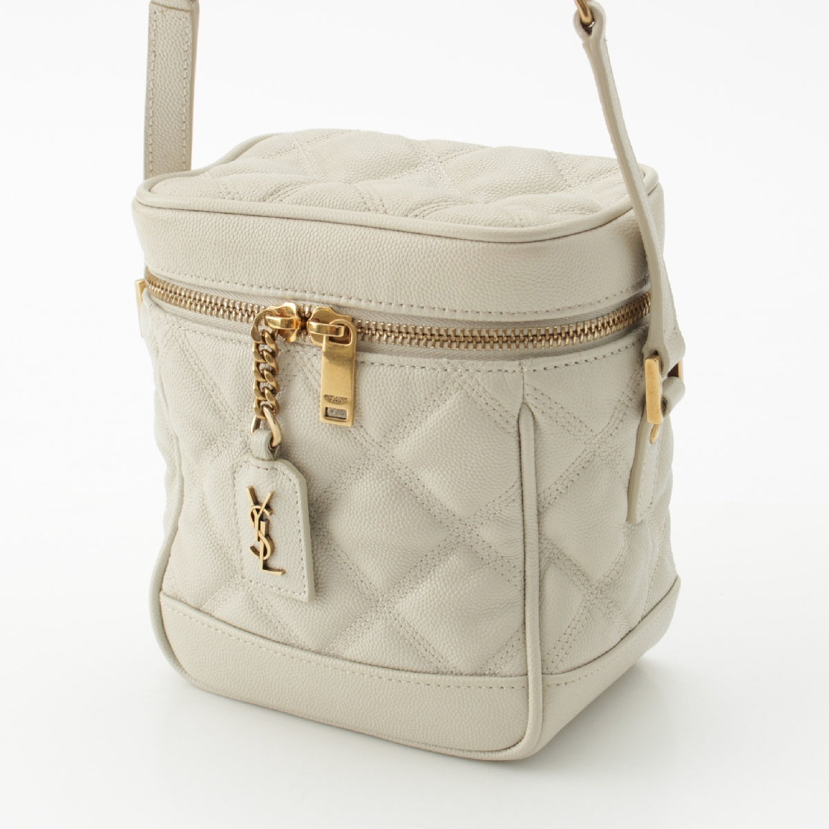 SAINT LAURENT leather YSL Logo Quilted Stitch Vanity Chain Shoulder Bag 649779 White gold