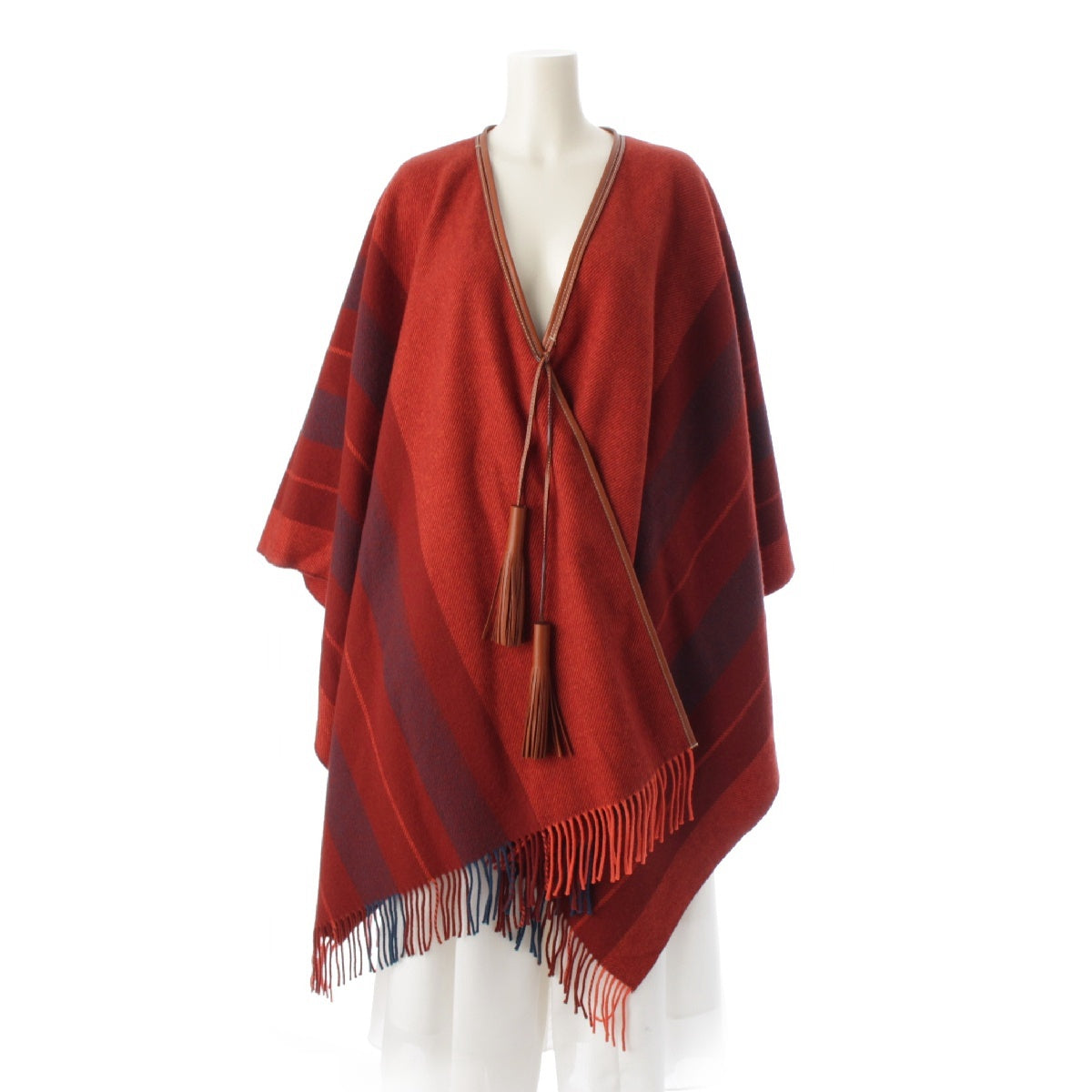 HERMES Cashmere Wool Rocavalle Tassel Fringe poncho Coat Cape Red