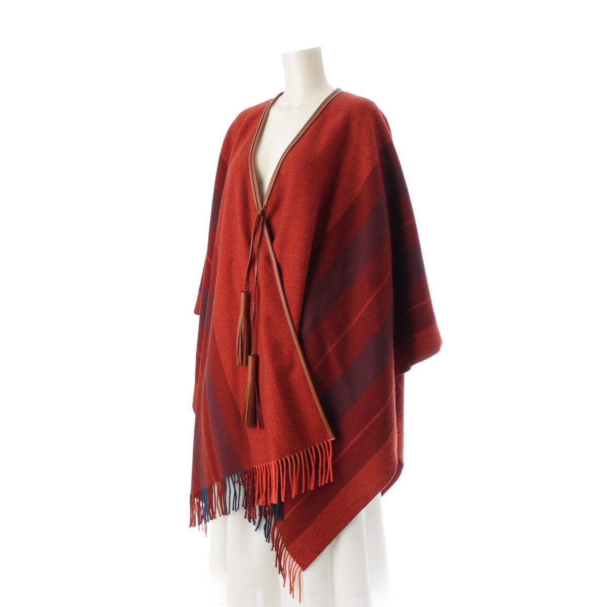 HERMES Cashmere Wool Rocavalle Tassel Fringe poncho Coat Cape Red