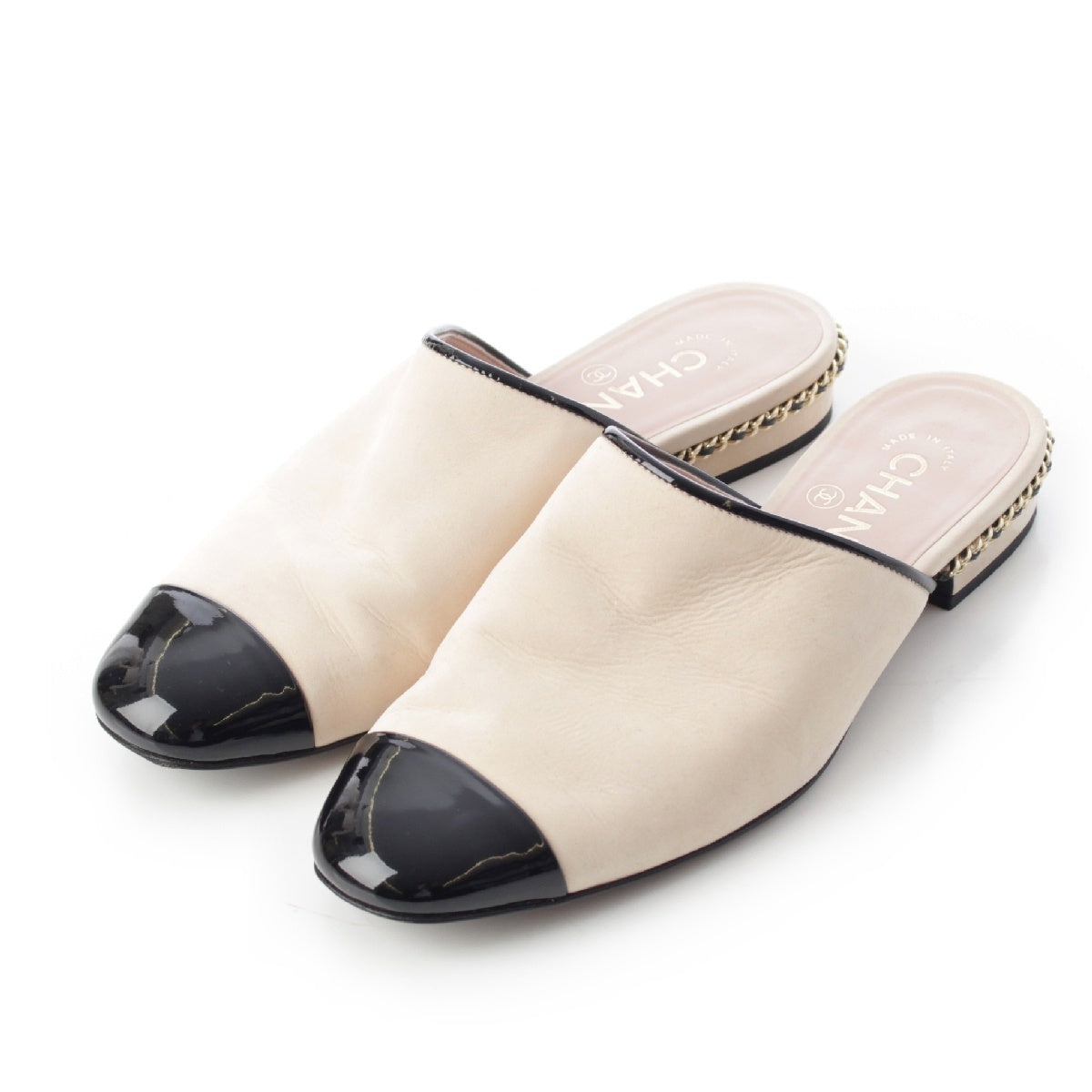 CHANEL Leather patent COCO Mark Chain motif Sandals shoes G37175 Beige x black 36C