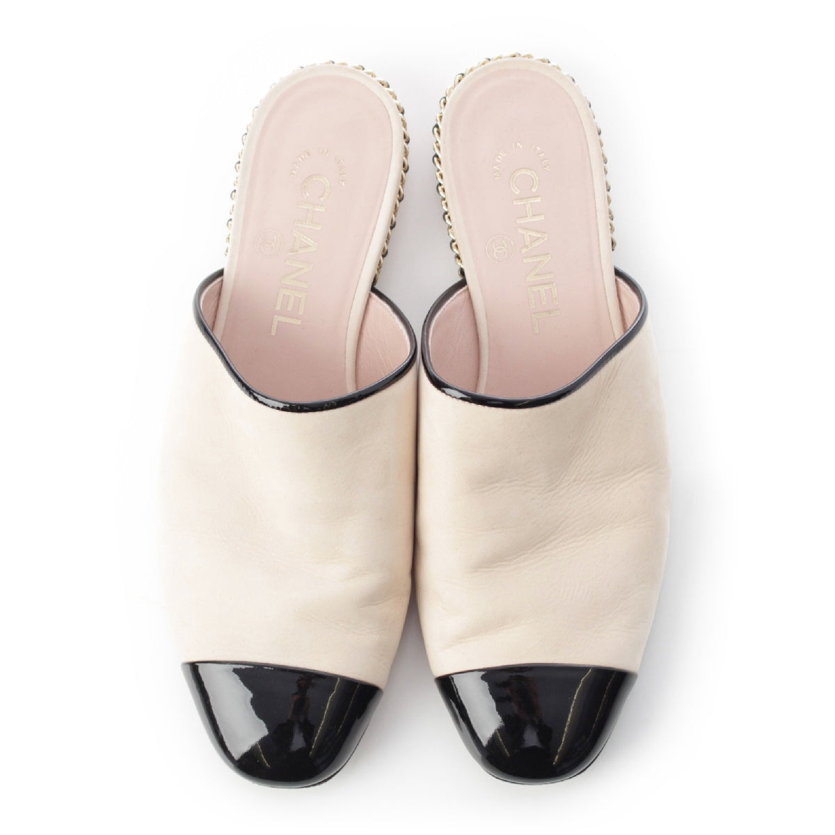 CHANEL Leather patent COCO Mark Chain motif Sandals shoes G37175 Beige x black 36C