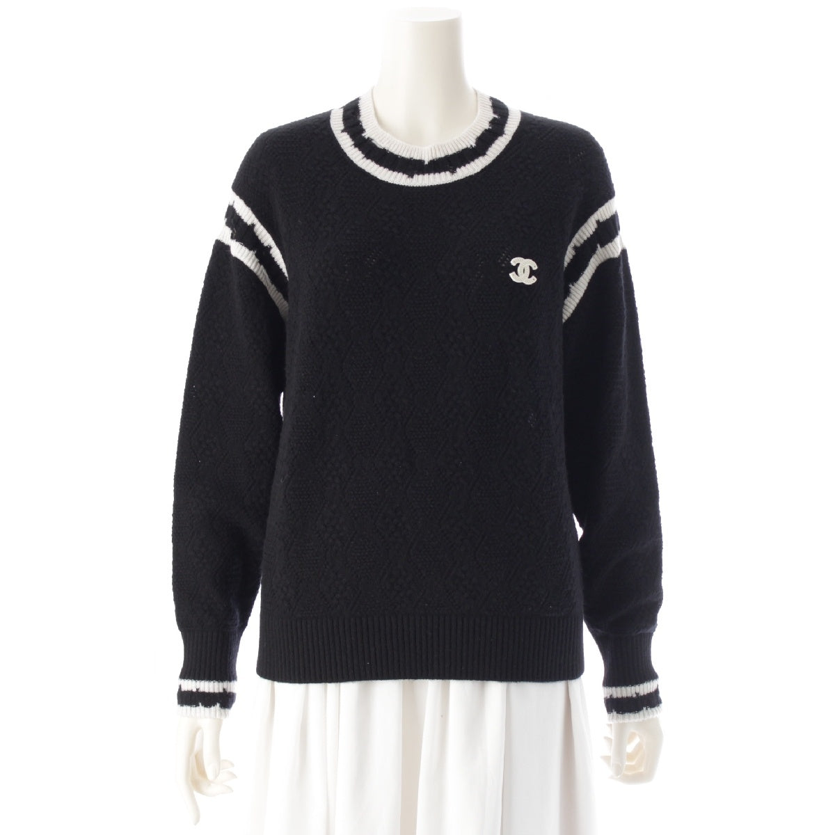 CHANEL cashmere COCO Mark Line Crew Neck Knit sweater tops P72090 black 36
