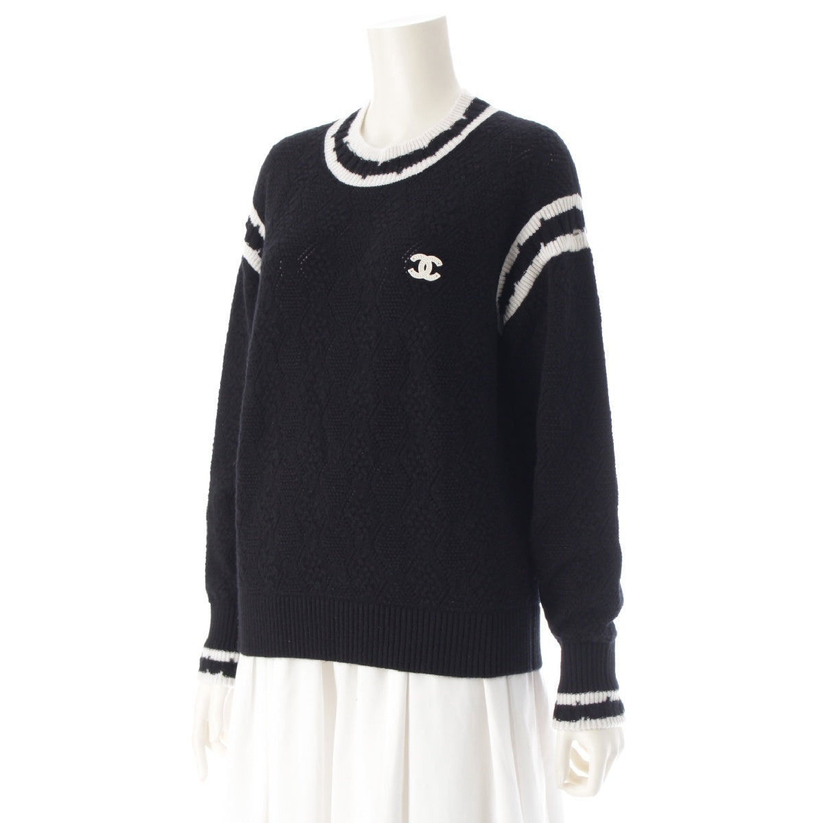CHANEL cashmere COCO Mark Line Crew Neck Knit sweater tops P72090 black 36