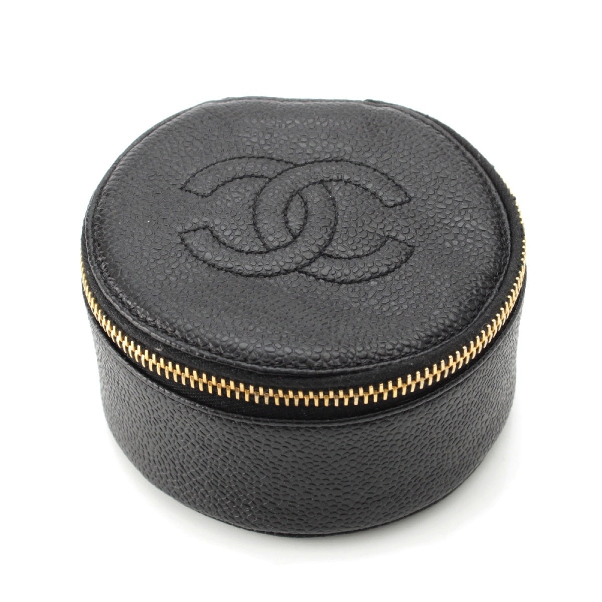 CHANEL Caviar skin Vintage COCO Mark Round Accessory pouch Jewelry case Black Gold Metal Big