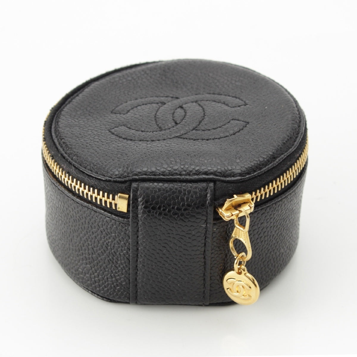 CHANEL Caviar skin Vintage COCO Mark Round Accessory pouch Jewelry case Black Gold Metal Big