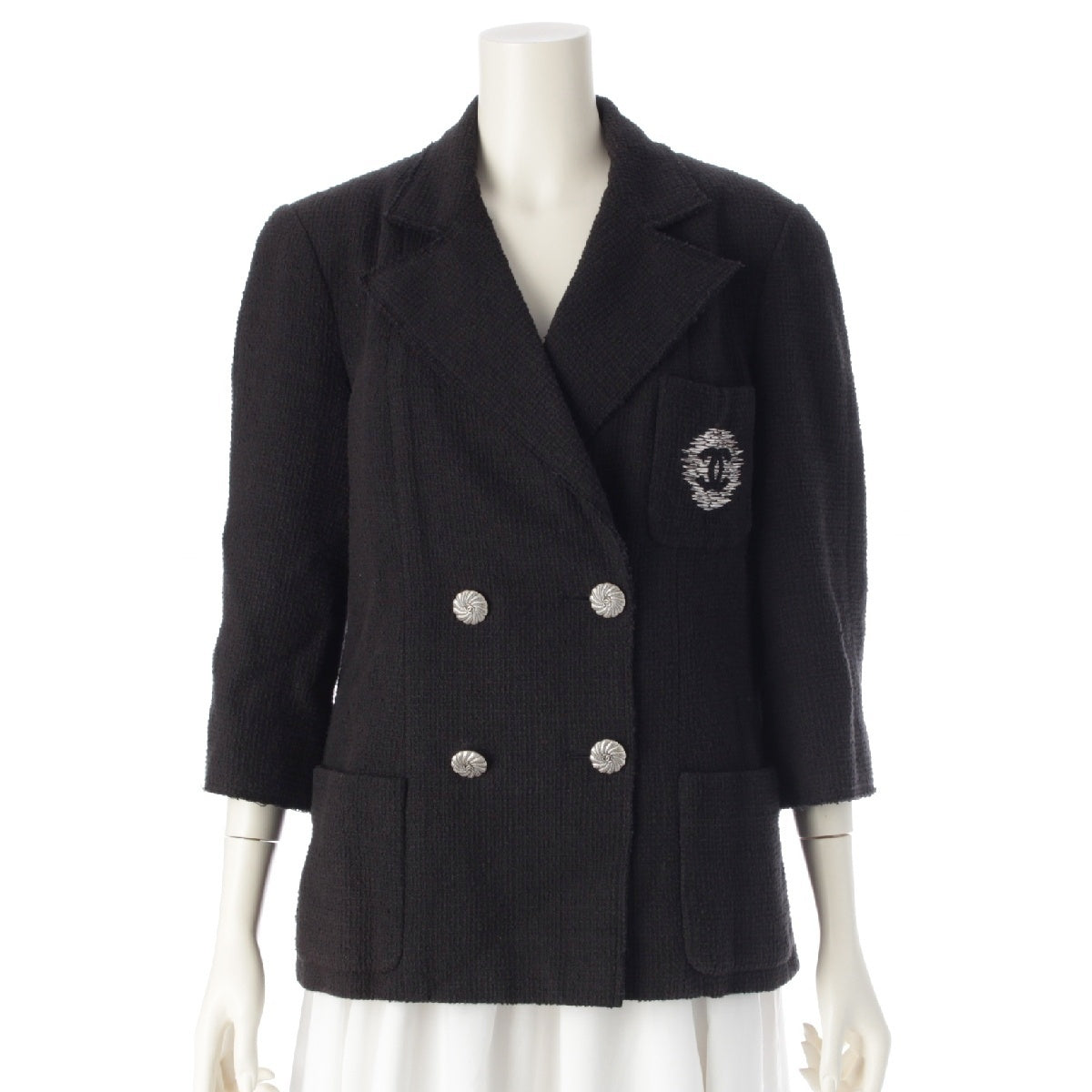CHANEL Cotton Tweed COCO Mark embroidery 3/4 length double-breasted Jacket Outer tops P43192 black 42