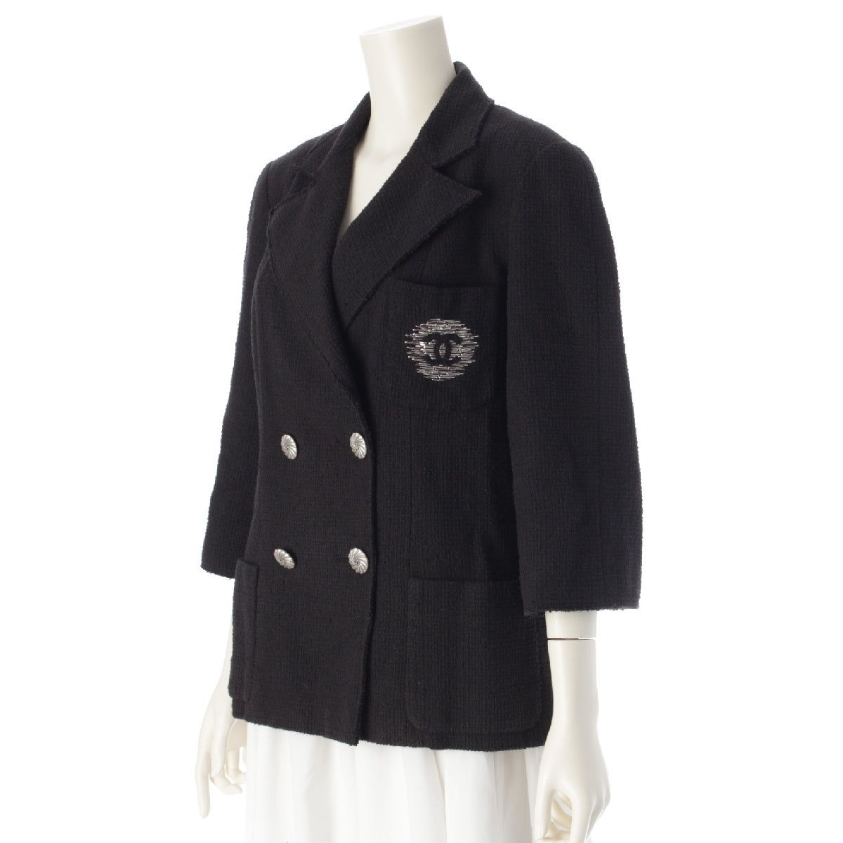 CHANEL Cotton Tweed COCO Mark embroidery 3/4 length double-breasted Jacket Outer tops P43192 black 42