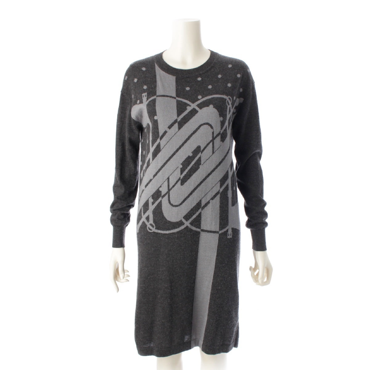 HERMES 21AW cashmere silk Click Clack Dot Pattern Knit one piece Knee-length dress gray 34