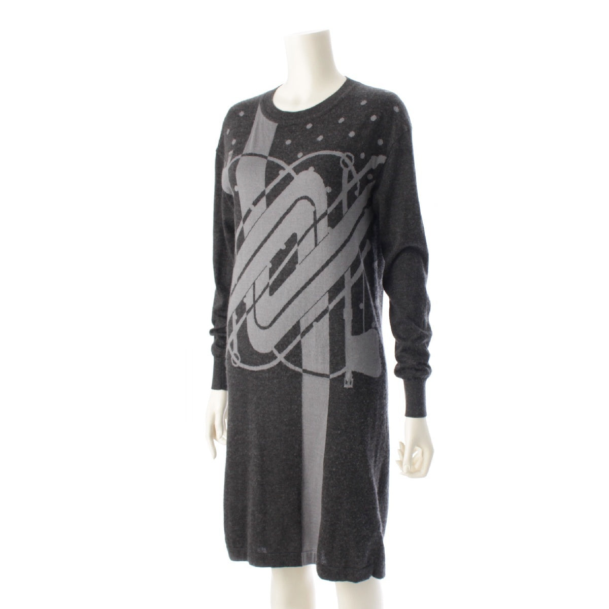 HERMES 21AW cashmere silk Click Clack Dot Pattern Knit one piece Knee-length dress gray 34