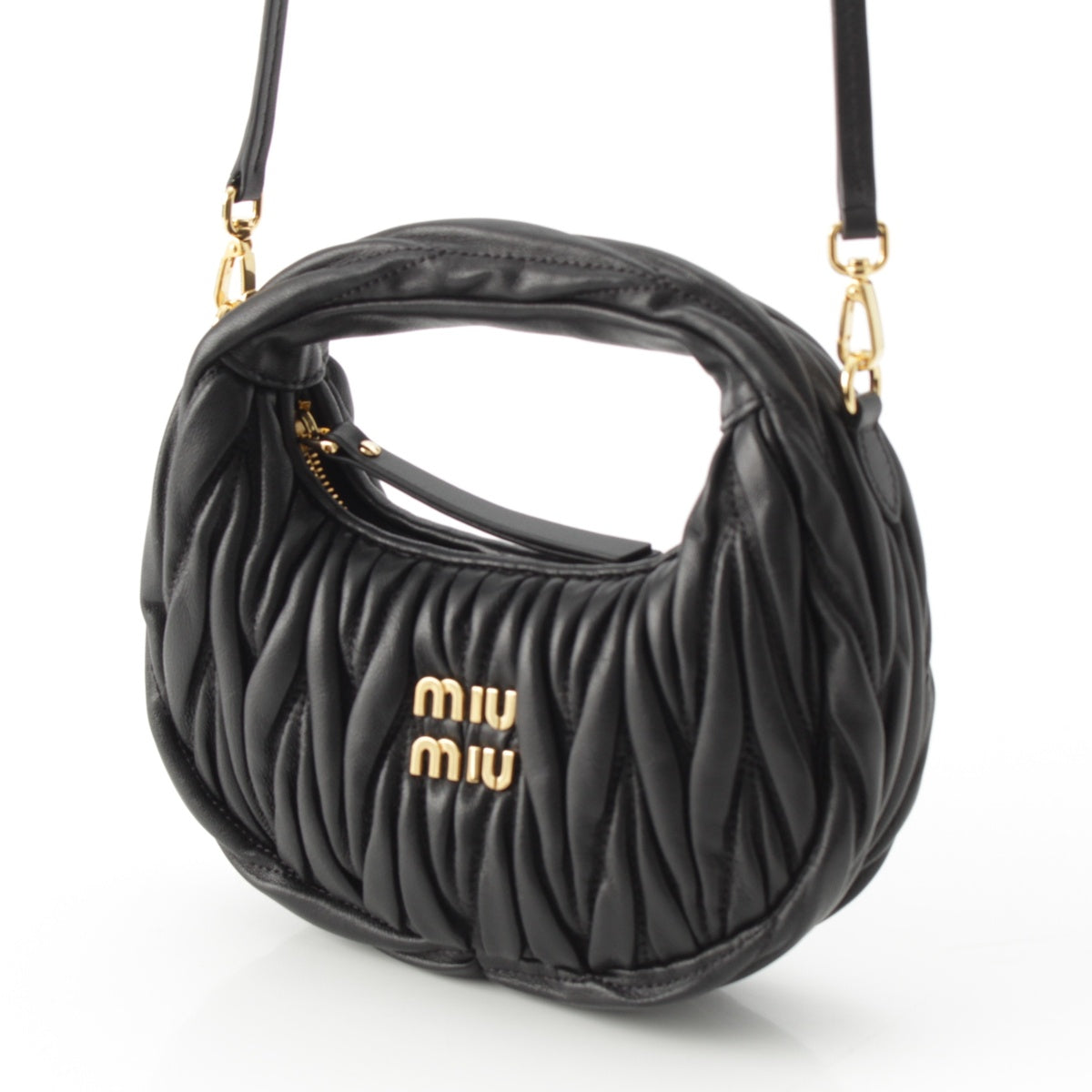 MIUMIU Materasse Wonder Hobo leather Logo 2WAY shoulder Handbag Cross body 5BC125 black