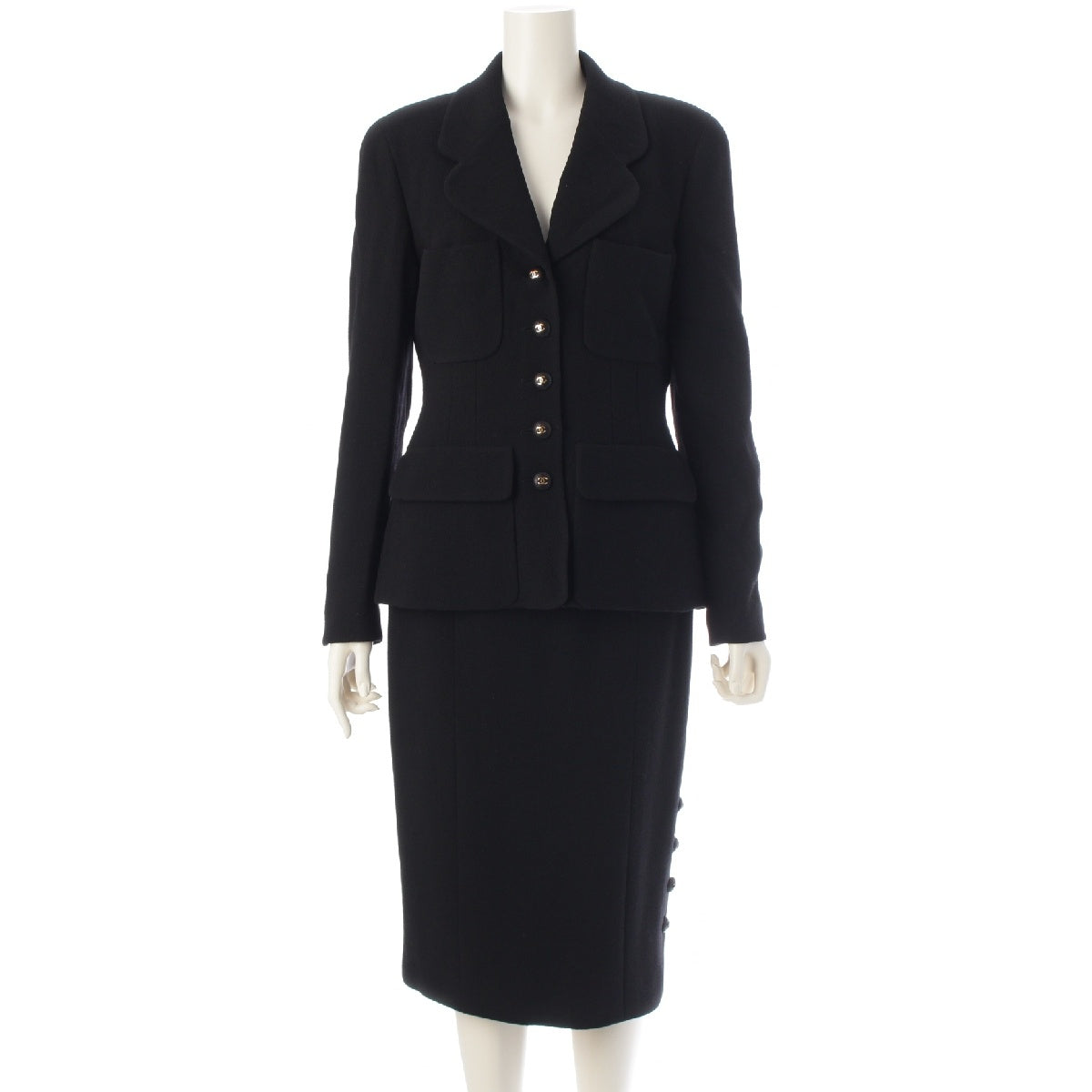 CHANEL 93P Vintage wool Tweed COCO Button Tights Skirt setup tailored jacket P01453 black 40