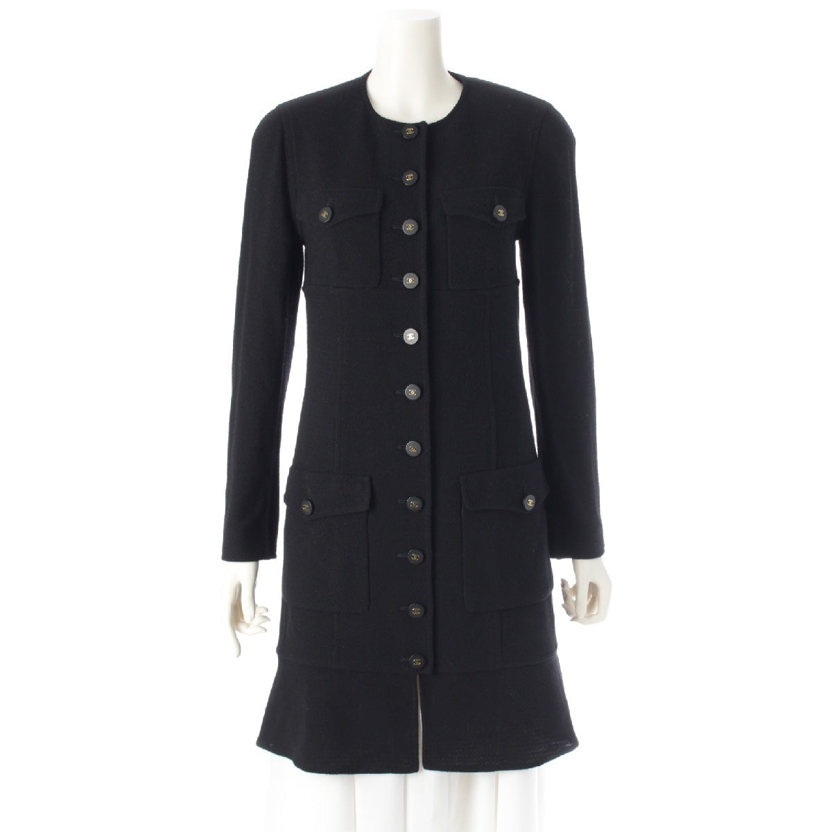 CHANEL 94A wool tweed Vintage COCO Button No Collar Long coat 4 Pocket One Piece Dress P03699 black 38