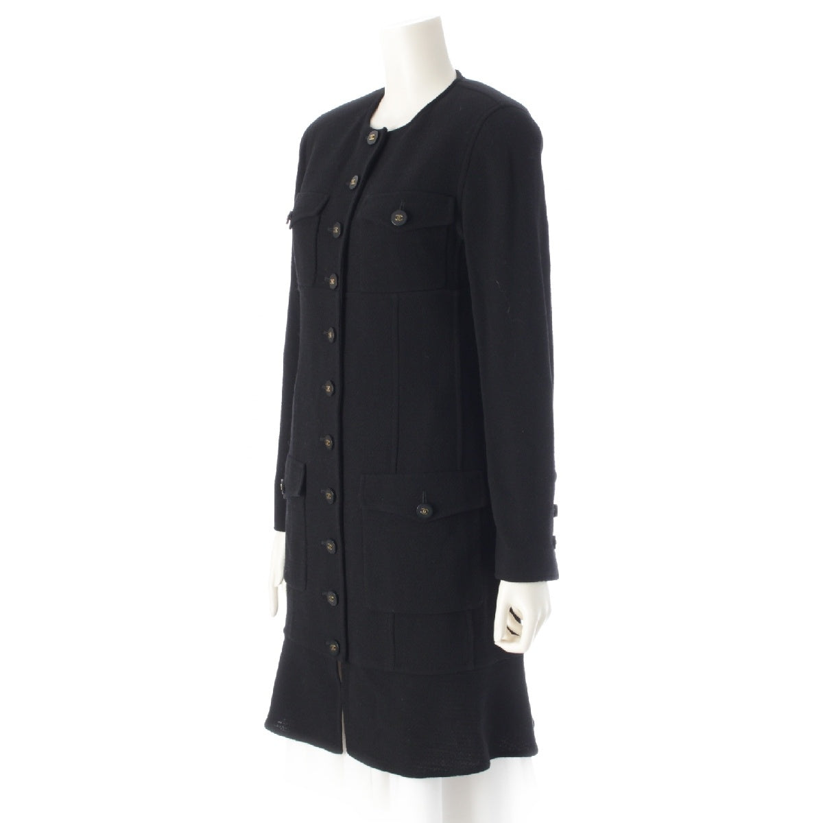 CHANEL 94A wool tweed Vintage COCO Button No Collar Long coat 4 Pocket One Piece Dress P03699 black 38