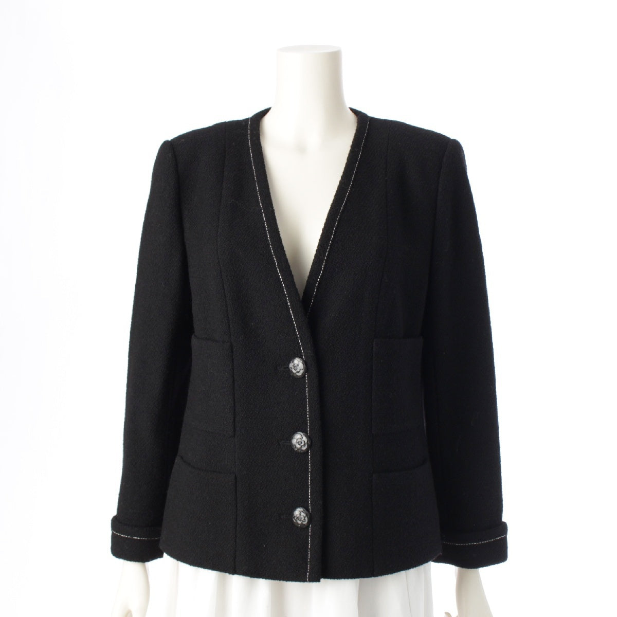 CHANEL tweed Camellia Button Trim Line No Collar Jacket tops P52637 black 42