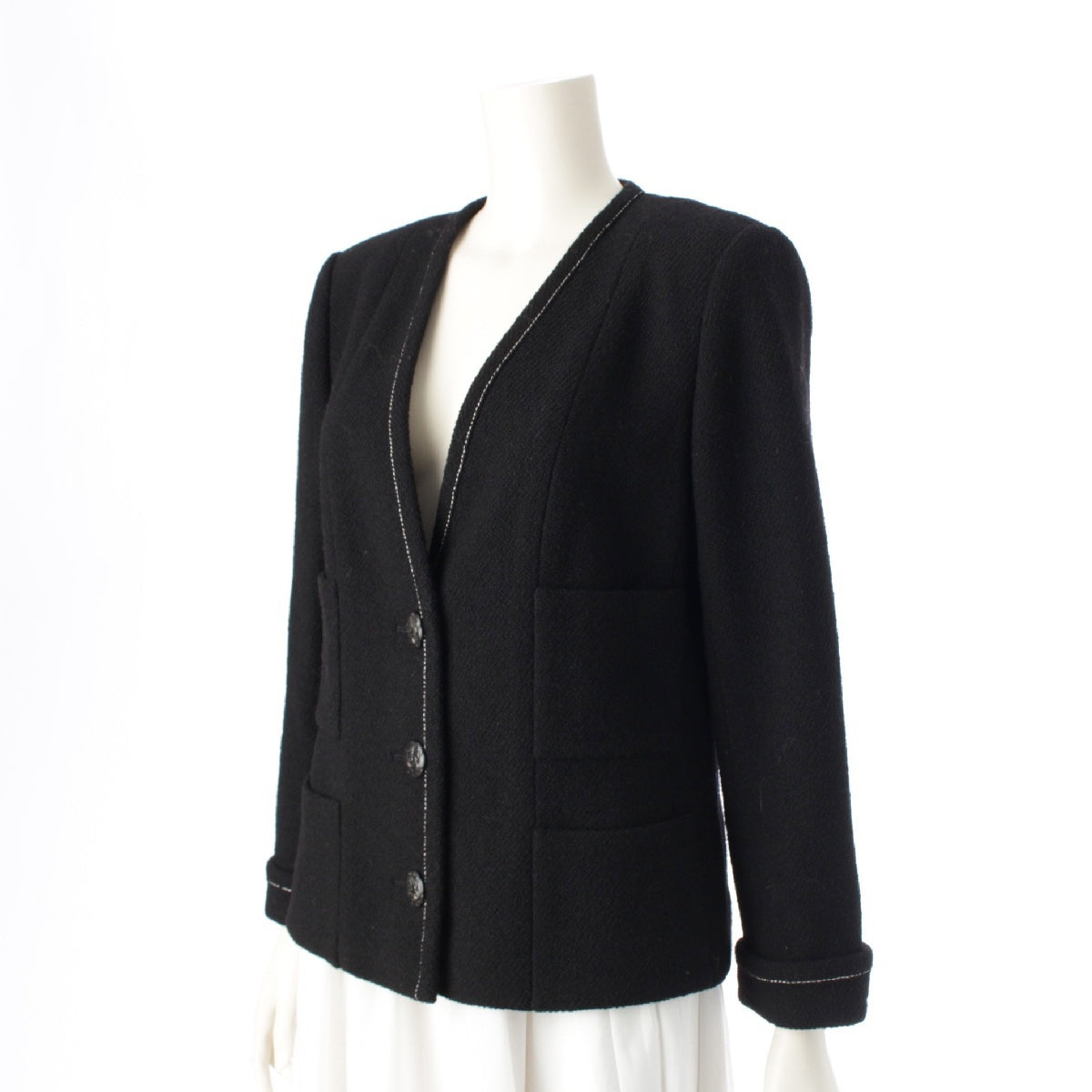 CHANEL tweed Camellia Button Trim Line No Collar Jacket tops P52637 black 42