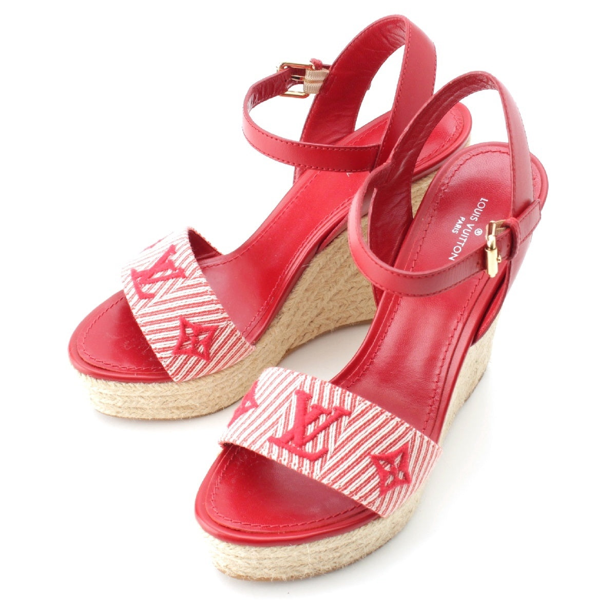 LOUIS VUITTON Sail away canvas Strap espadrilles wedge sole Sandals Red 36