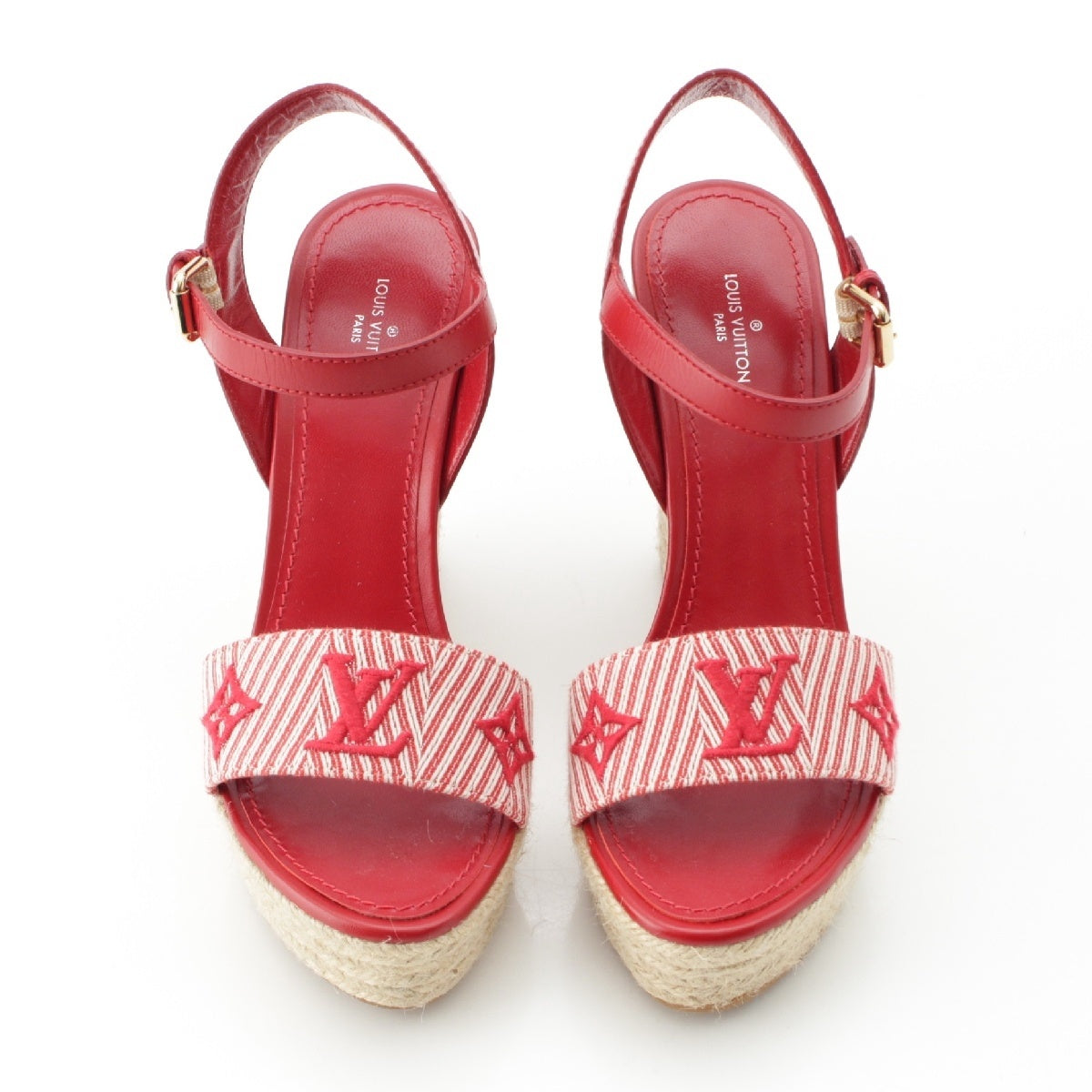 LOUIS VUITTON Sail away canvas Strap espadrilles wedge sole Sandals Red 36