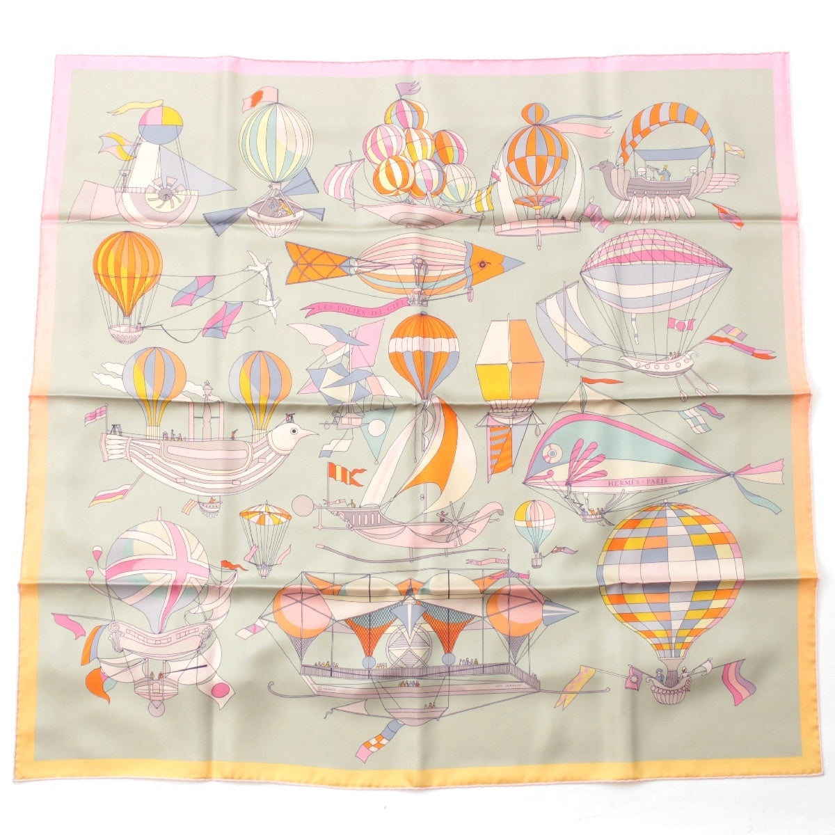 HERMES silk Carré 90 Double Face LES FOLIES DU CIEL Madness in the Sky scarf Gray x orange