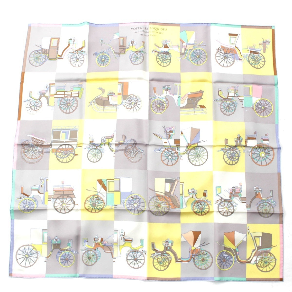 HERMES silk Carre 90 Voitures Exquises Elaborate carriage scarf yellow