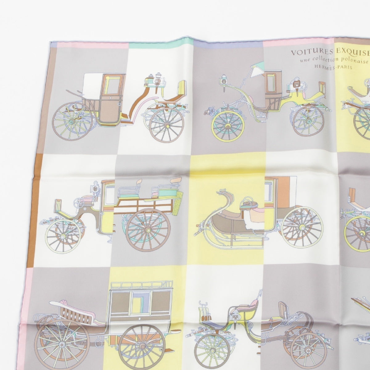 HERMES silk Carre 90 Voitures Exquises Elaborate carriage scarf yellow