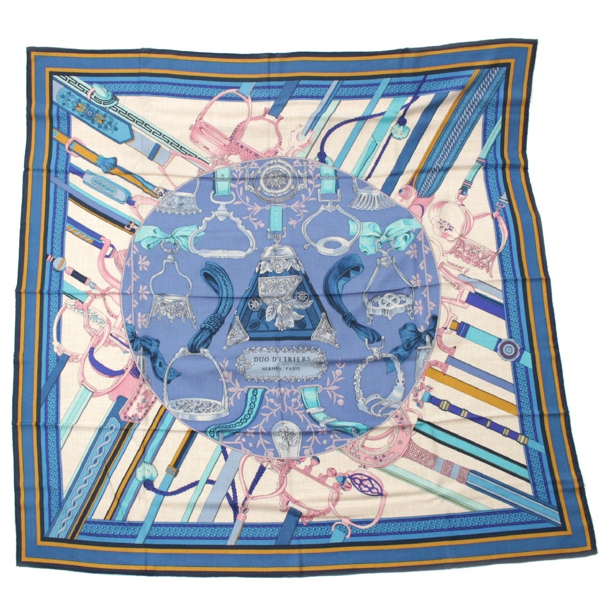HERMES Cashmere x silk Carre Geant 140 Duo d'Etriers Stirrup Duo scarf blue