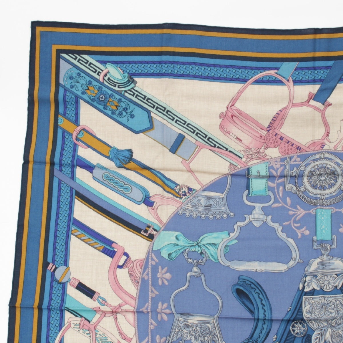 HERMES Cashmere x silk Carre Geant 140 Duo d'Etriers Stirrup Duo scarf blue