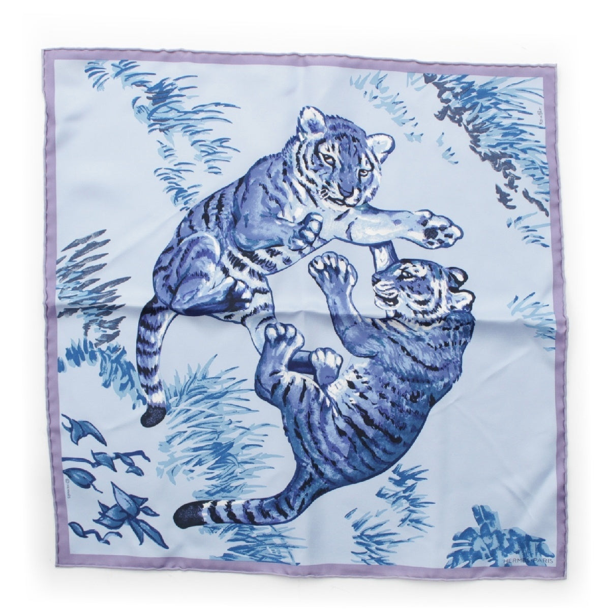 HERMES Carre 45 silk Les Tigreaux The Tigers scarf Handkerchief Petit Mini blue