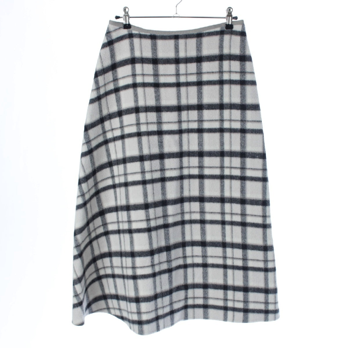 Drawer wool Check Pattern Trapezoid Midi skirt Bottoms 6524-299-1666 White Black Ivory 36