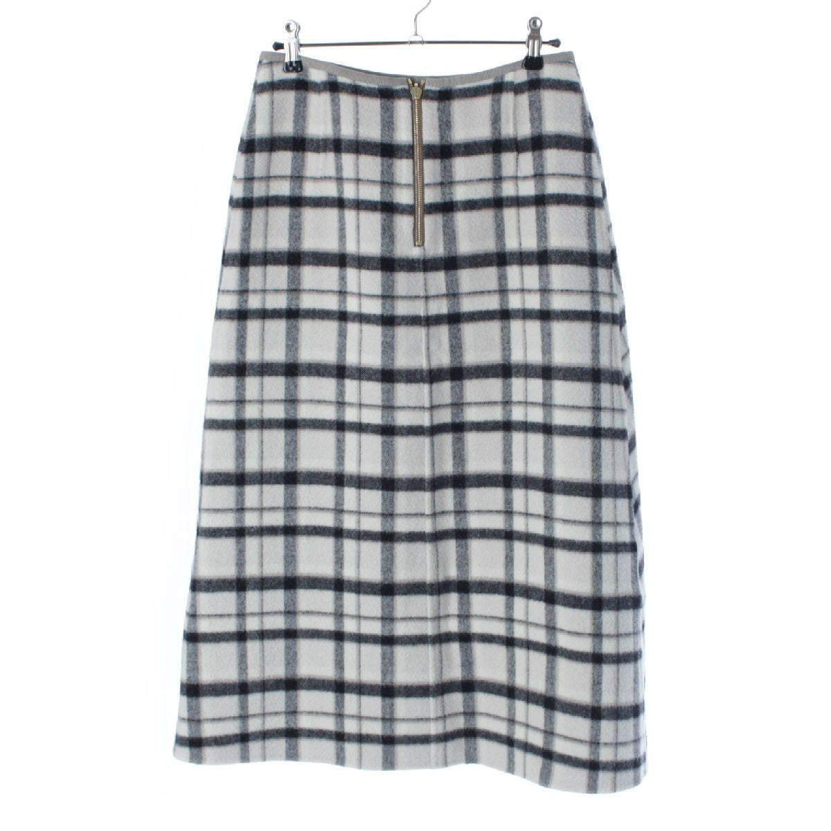 Drawer wool Check Pattern Trapezoid Midi skirt Bottoms 6524-299-1666 White Black Ivory 36