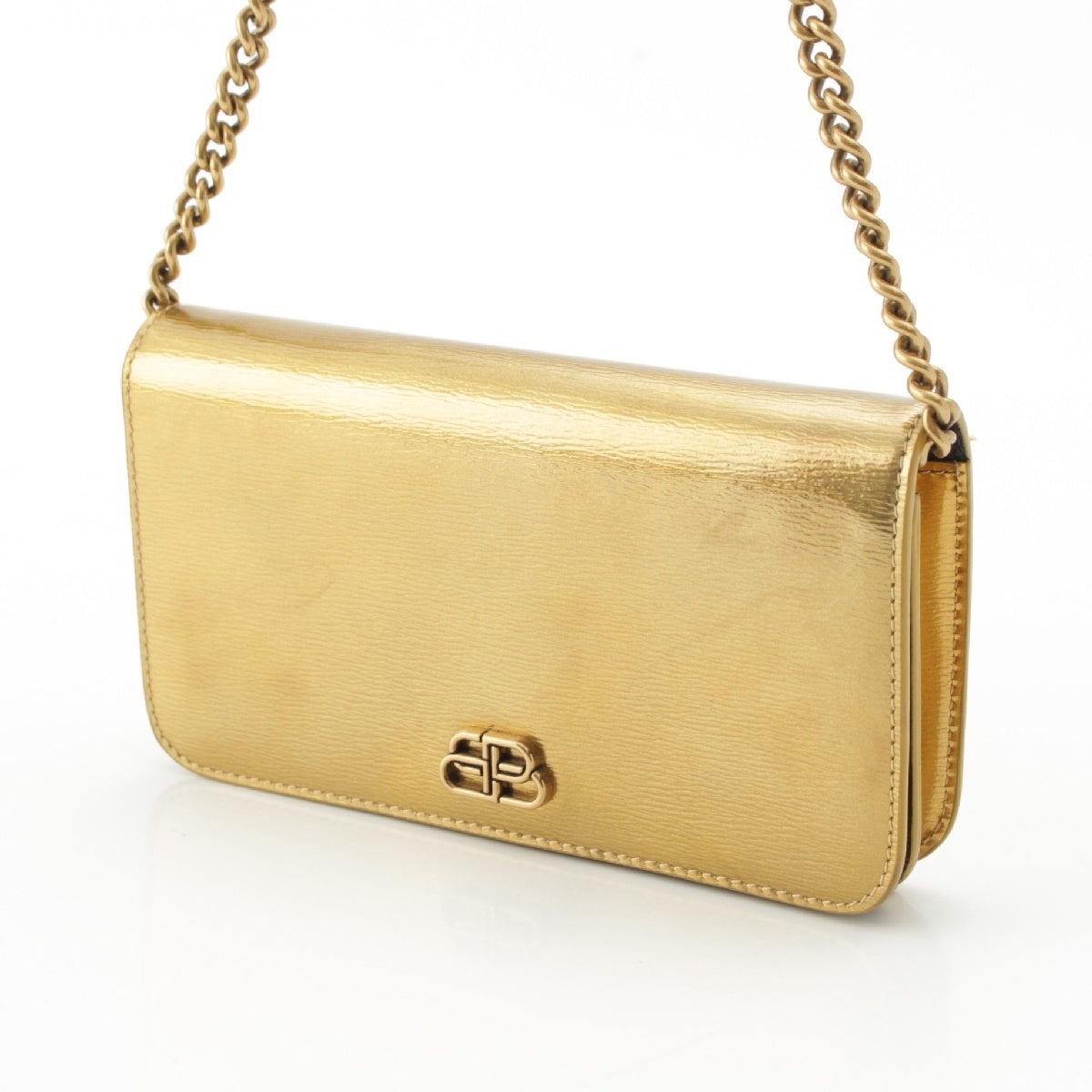 BALENCIAGA leather BB logo 2way clutch chain Shoulder Bag Cross body 601392  gold