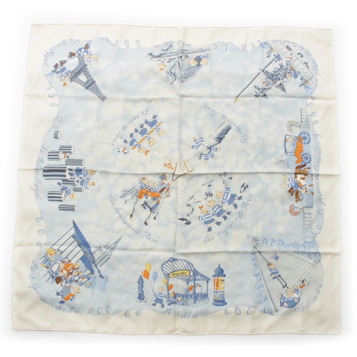 HERMES Calle 90 silk The Triplets of Paris scarf Accessory White blue
