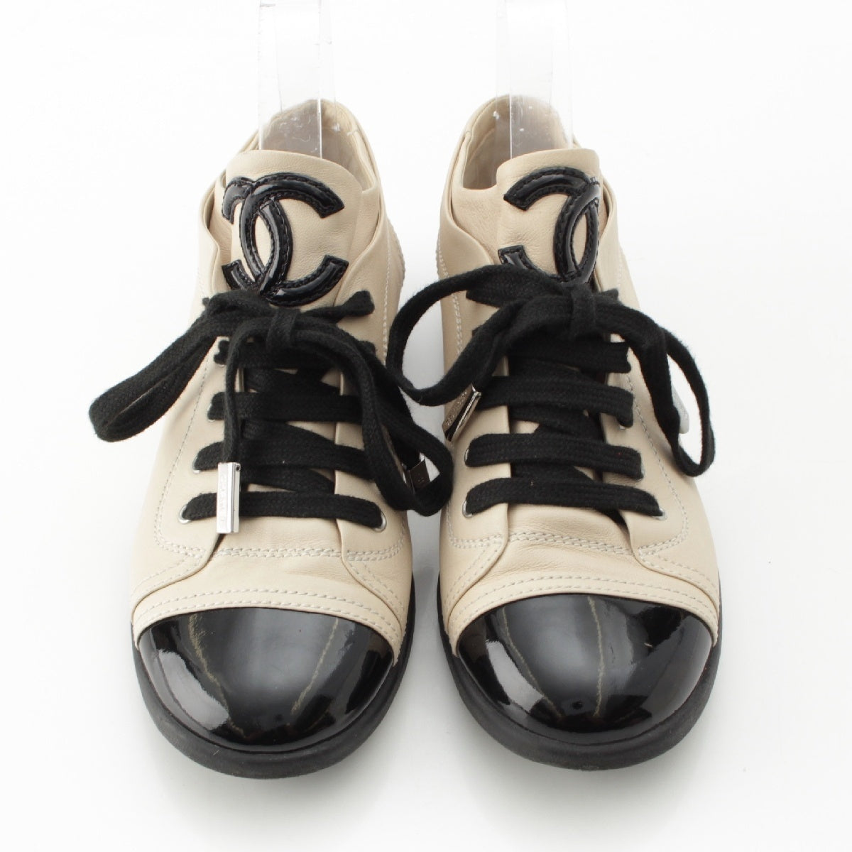 CHANEL Leather patent COCO Mark Low Top sneakers shoes  IG25313 Beige black 36