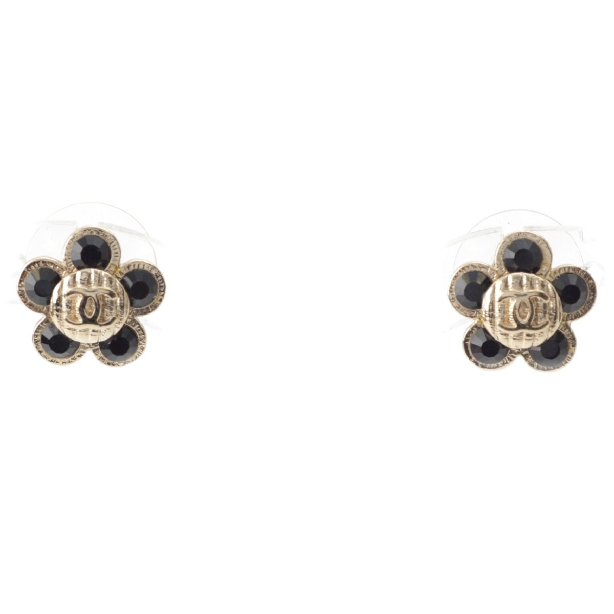 CHANEL 03A Vintage COCO Mark Mademoiselle Camellia Pierce Flower Earring Accessories Champagne Gold x Black