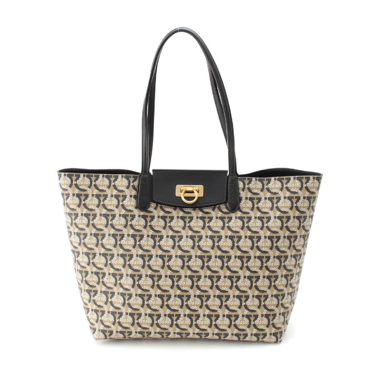 Salvatore Ferragamo Canvas x leather Gancini pouch included Tote Bag 726588 Beige x black