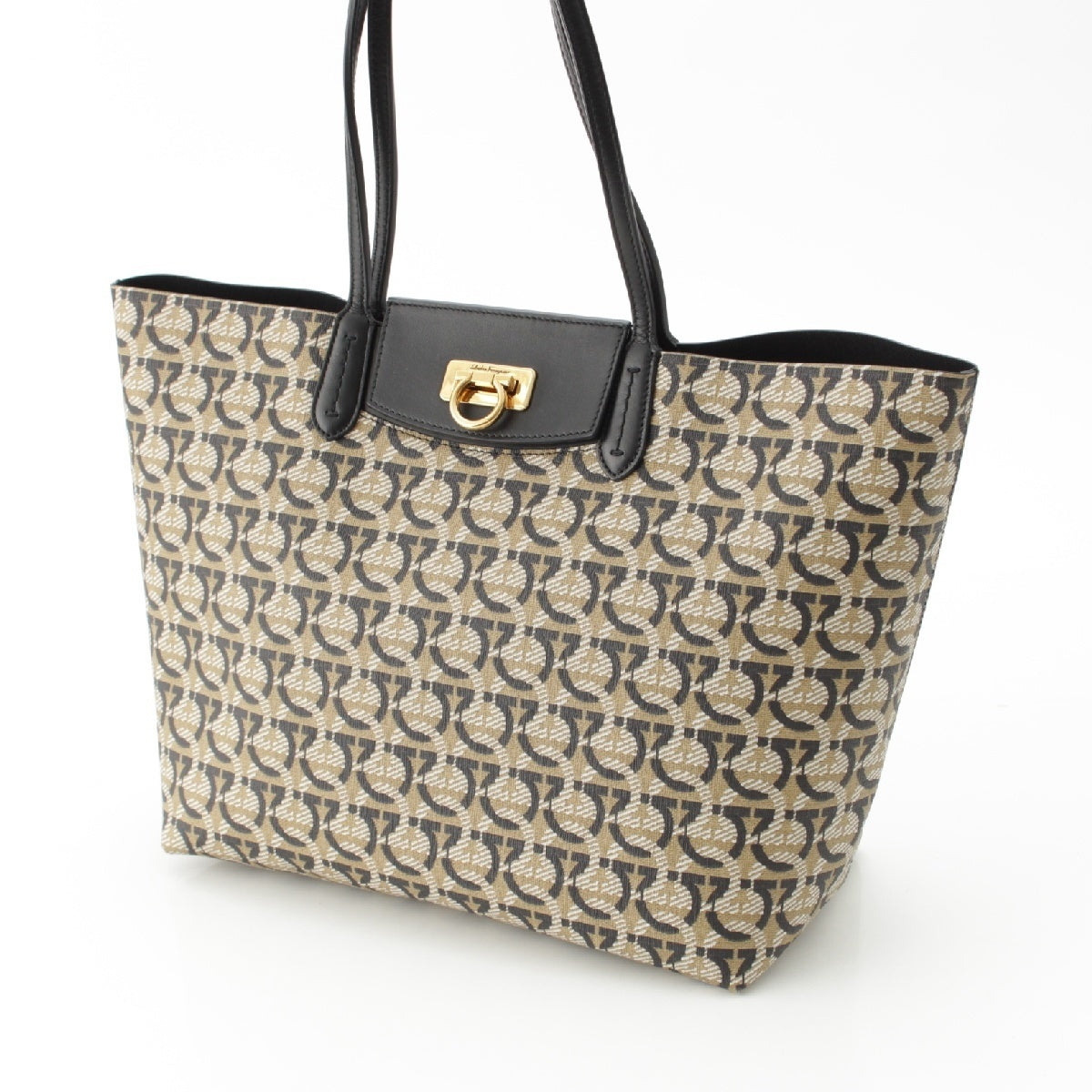 Salvatore Ferragamo Canvas x leather Gancini pouch included Tote Bag 726588 Beige x black