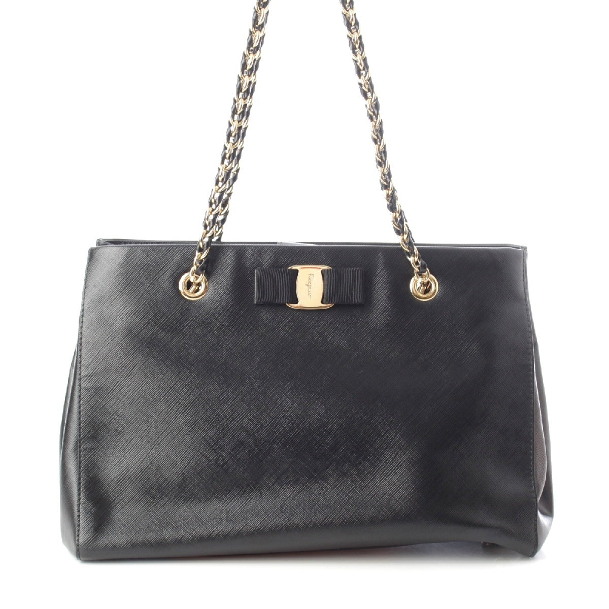 Salvatore Ferragamo PVC leather Vala Ribbon ChainShoulder Tote Bag black