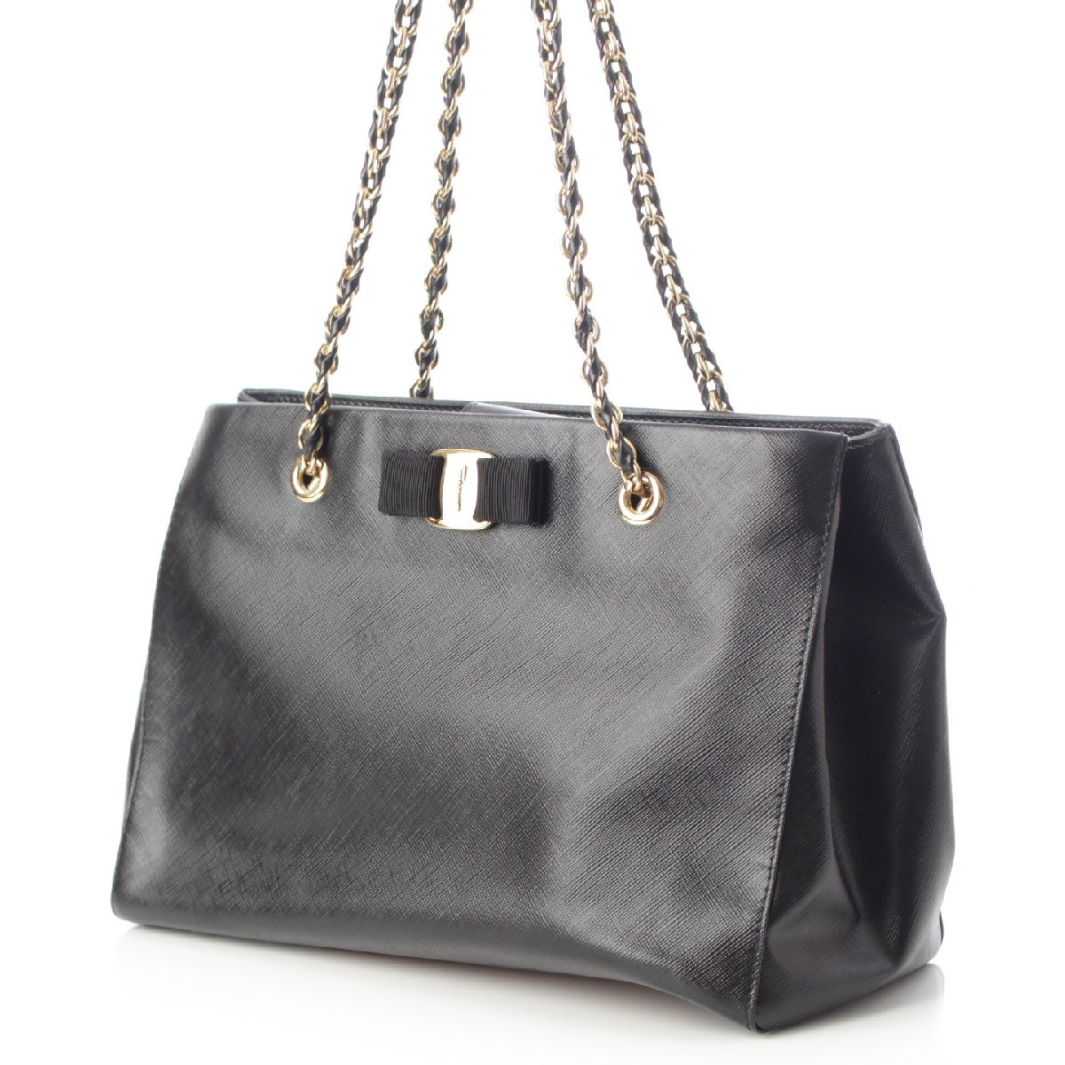 Salvatore Ferragamo PVC leather Vala Ribbon ChainShoulder Tote Bag black