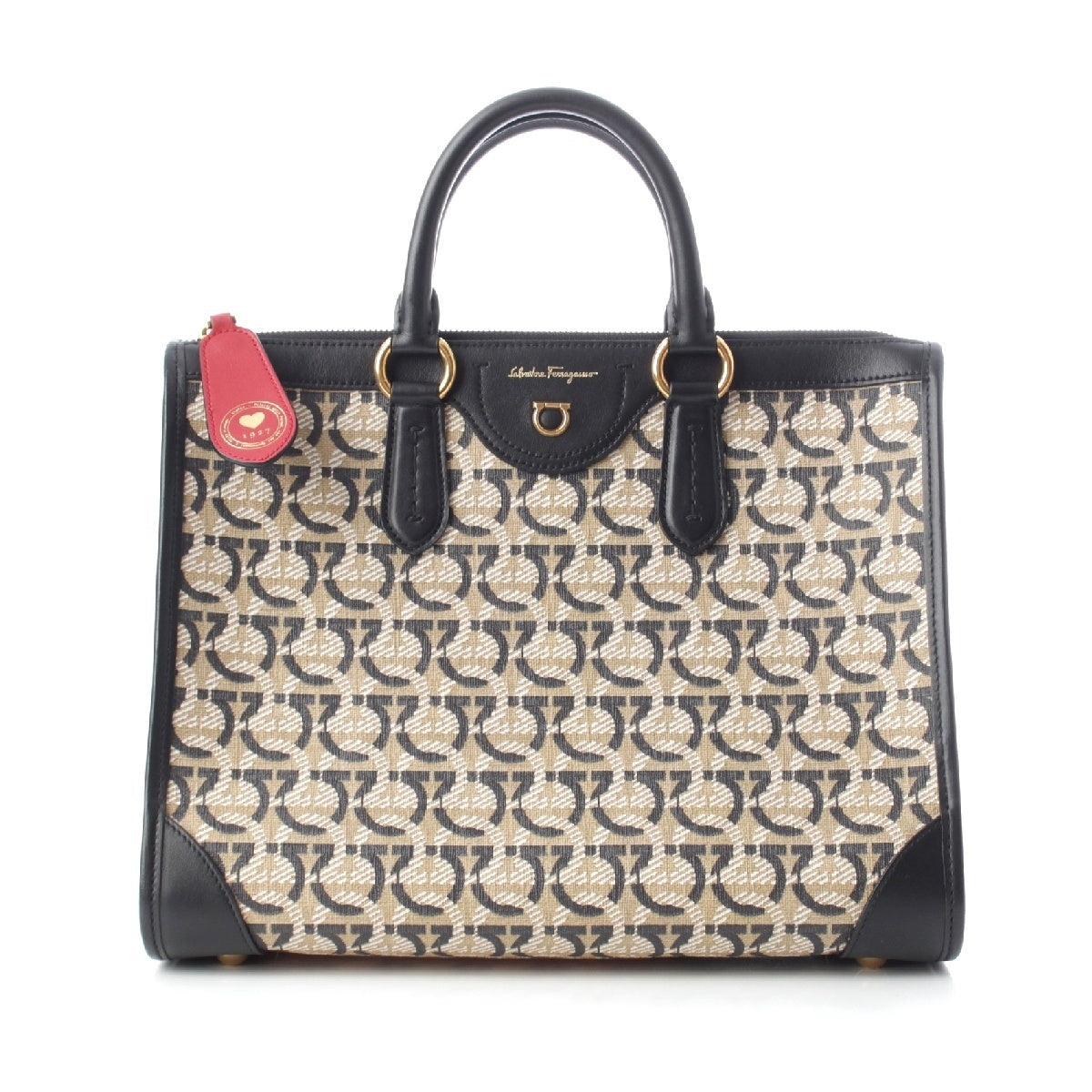 Salvatore Ferragamo Leather canvas Gancini Pattern 2way Shoulder Handbag 21I074 0726 Beige black