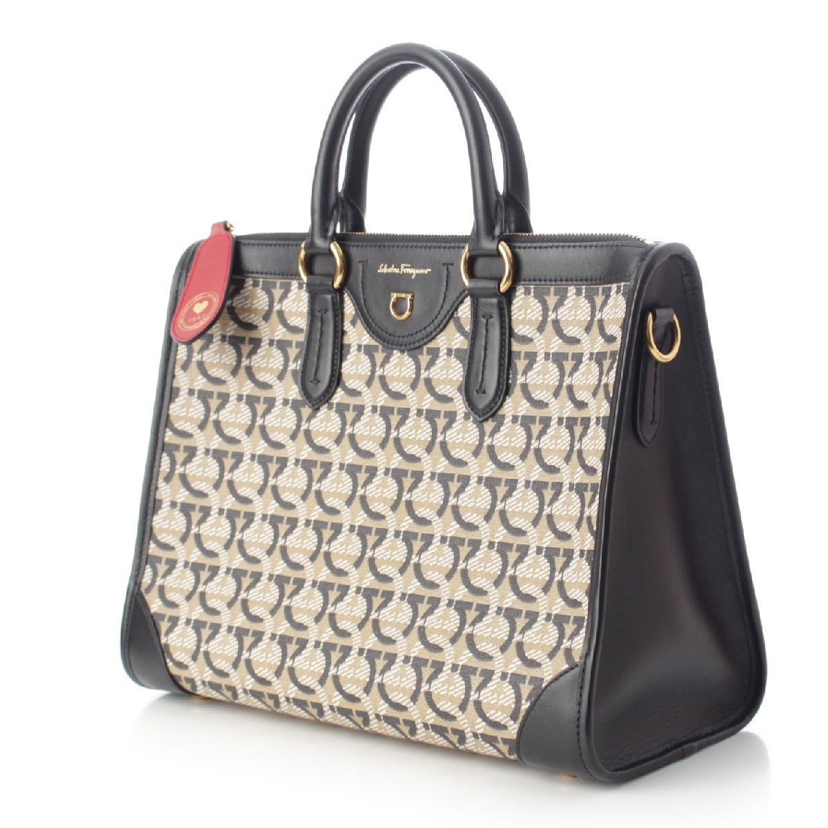 Salvatore Ferragamo Leather canvas Gancini Pattern 2way Shoulder Handbag 21I074 0726 Beige black