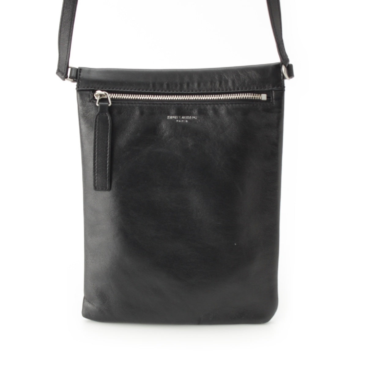SAINT LAURENT leather Logo sacoche Shoulder Bag Cross body 581697 Black Silver Metal