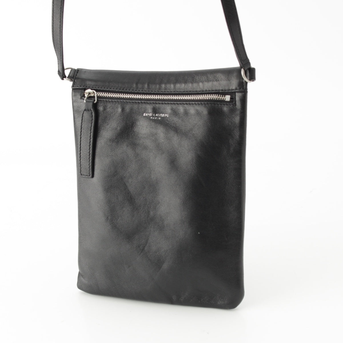 SAINT LAURENT leather Logo sacoche Shoulder Bag Cross body 581697 Black Silver Metal