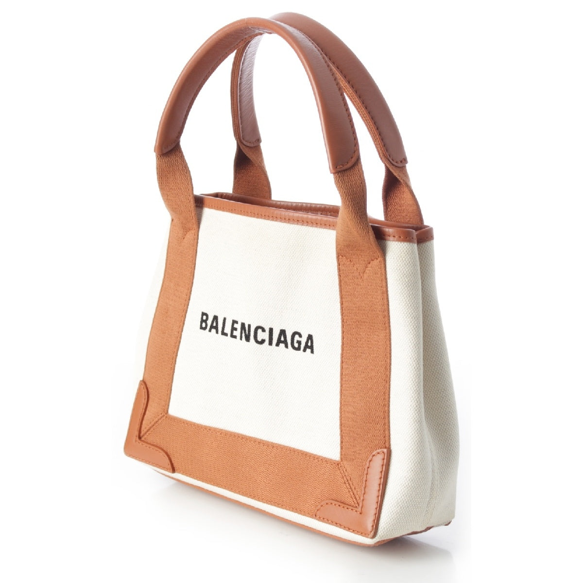 BALENCIAGA Navy Cabas XS Canvas x leather 2way Shoulder Bag with Logo Pouch Handbag Tote 390346 Beige x brown