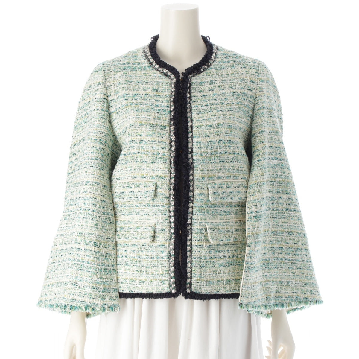 Drawer Cotton Tweed Beads No Collar Jacket Poncho Cape Coat Tops 6522-299-0772 White green 36