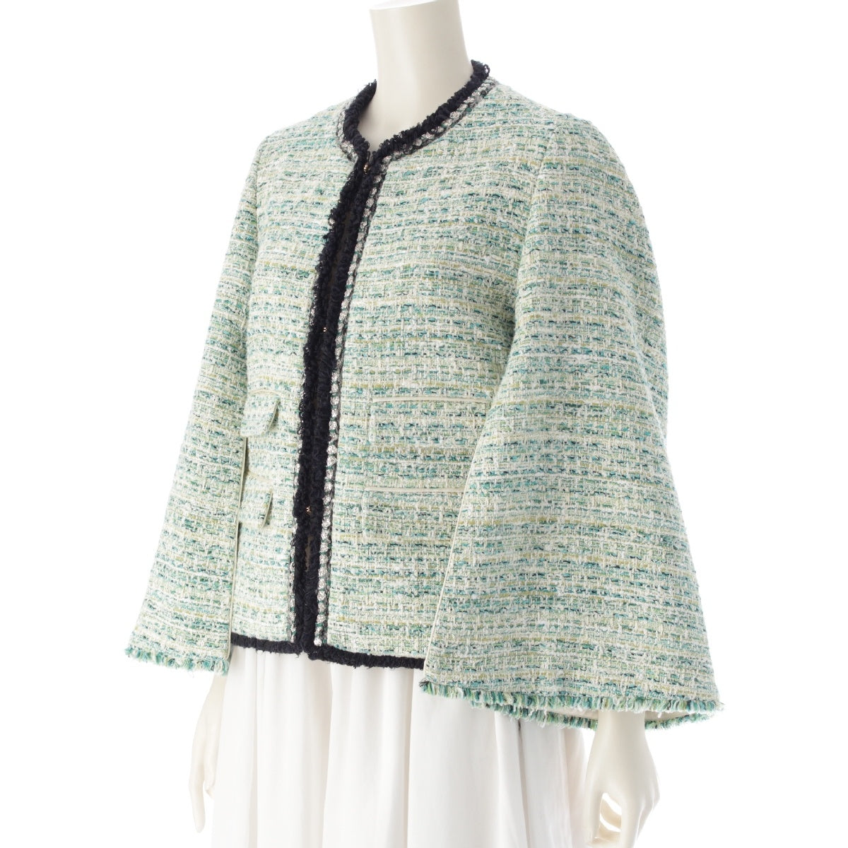 Drawer Cotton Tweed Beads No Collar Jacket Poncho Cape Coat Tops 6522-299-0772 White green 36