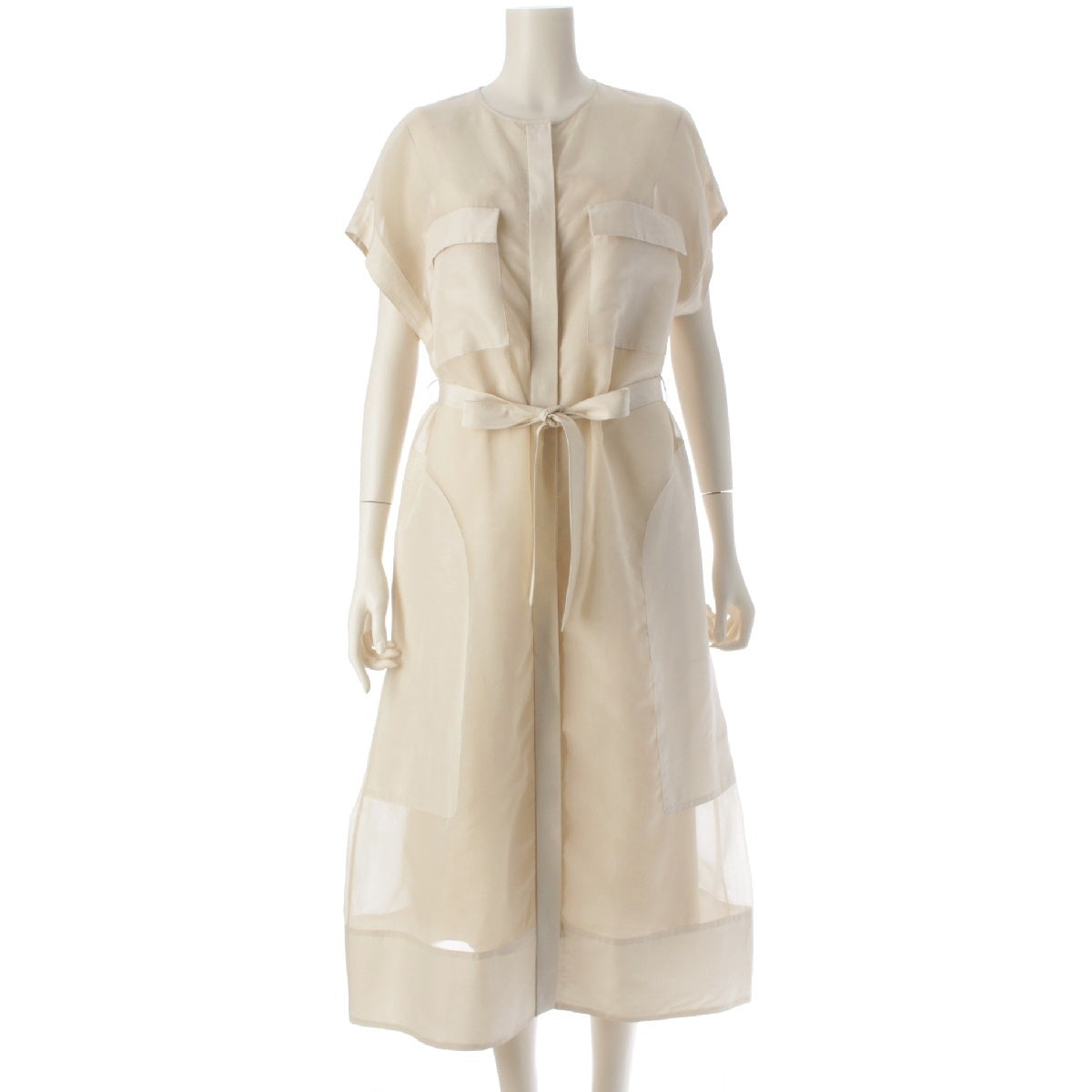 Drawer 24Stainless Steel Silk Organza See-through Sleeveless Belted one piece dress 6526-299-1460 Off-white beige 36