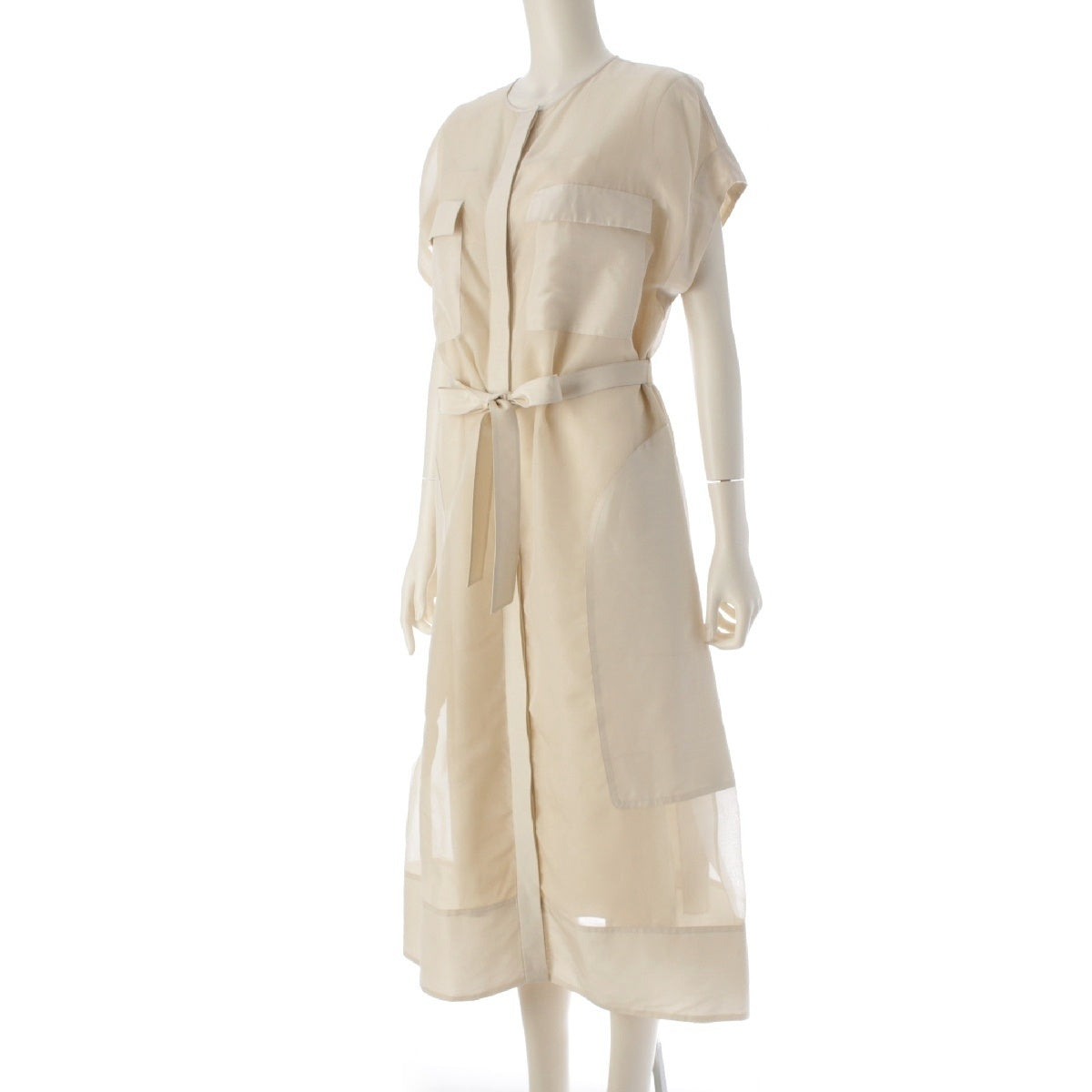 Drawer 24Stainless Steel Silk Organza See-through Sleeveless Belted one piece dress 6526-299-1460 Off-white beige 36